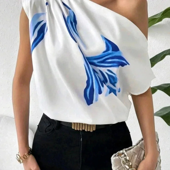 Women's Floral Printed Ruffle Asymmetrical Neck Blouse - Picture 2 of 5